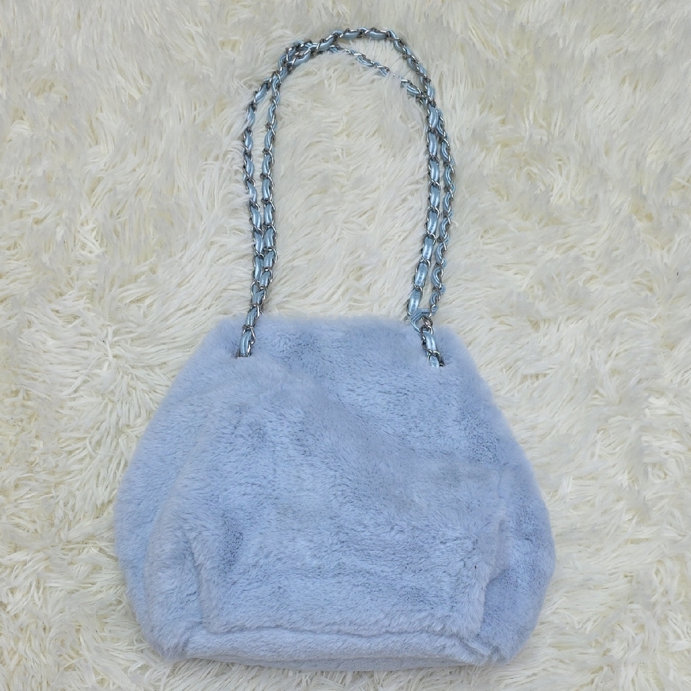Plush Light Blue Shoulder Bag with Chain Straps